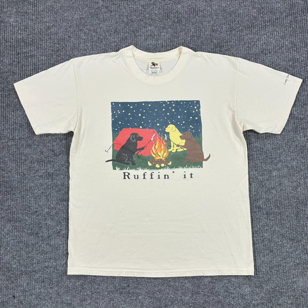 Hatley Organic Ruffin It Dog Camping Graphic T-Shirt Mens Size XL Beige Cotton